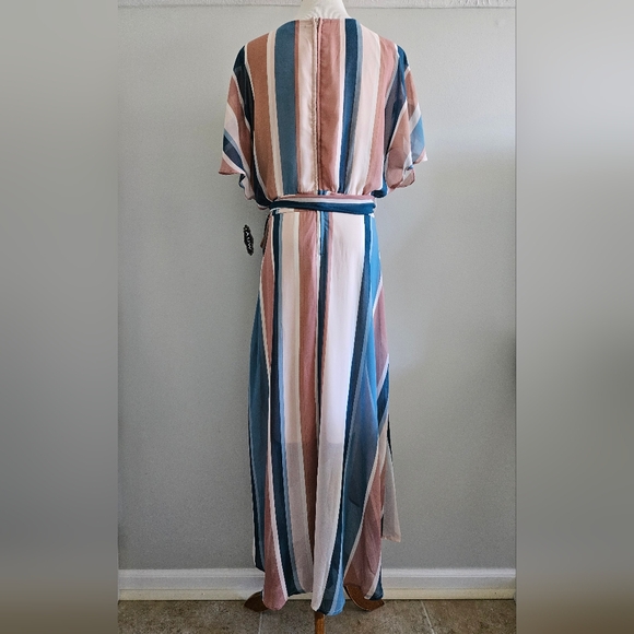 Striped V-Neck Wrap Dress - Blue and Pink - Picture 3 of 4